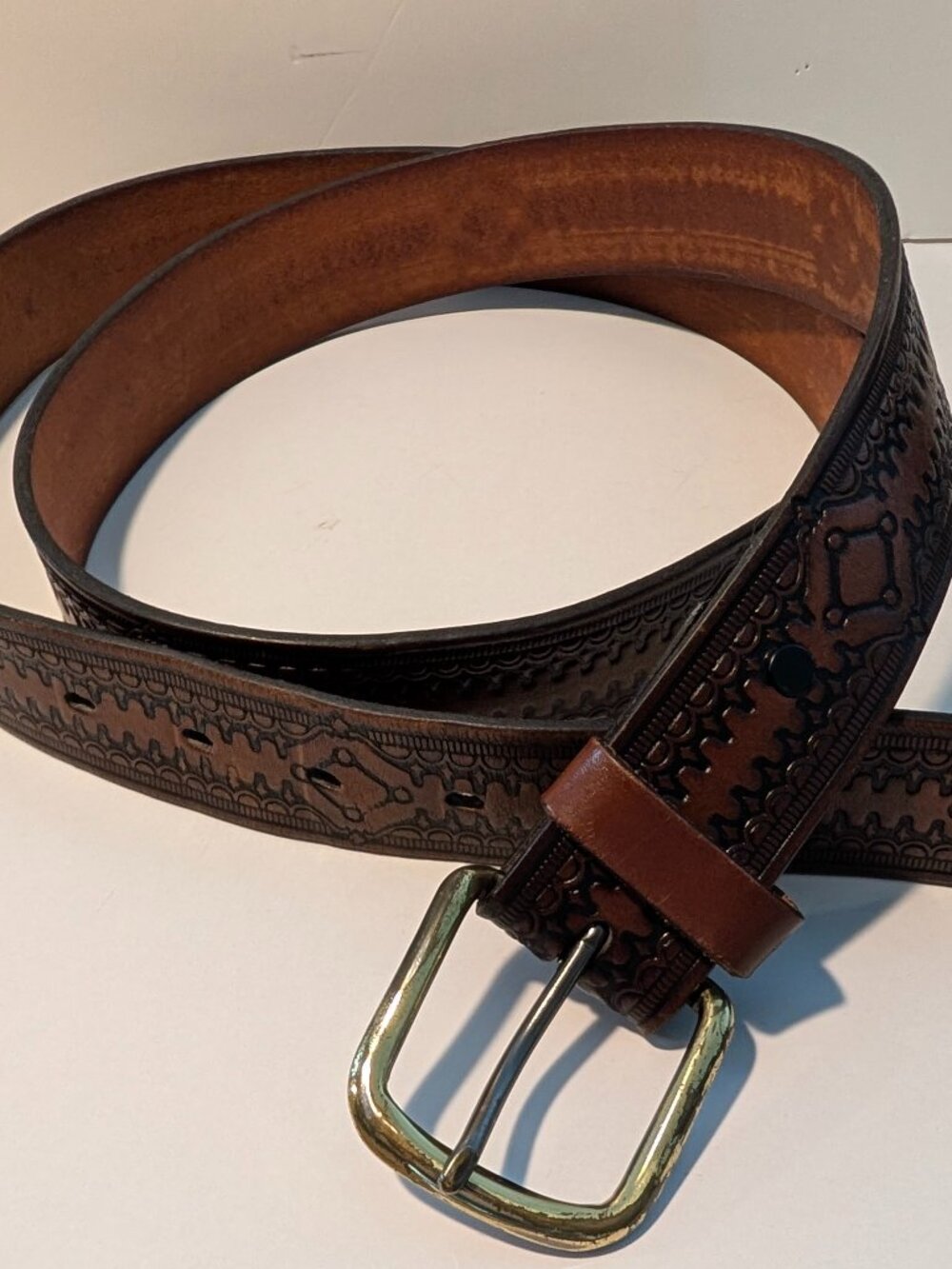 Men's Leather Belt Brown Emobossed Tooled Size 48X1.25" Western Stylish Fashion